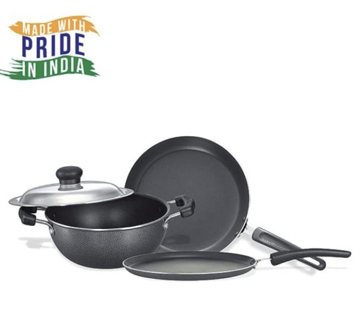 Prestige Omega Select Plus Non-stick Kitchen Set (Omni Tawa 27.5cm, Fry Pan 25cm, Kadai with Lid 25cm) (Black) - Image 2
